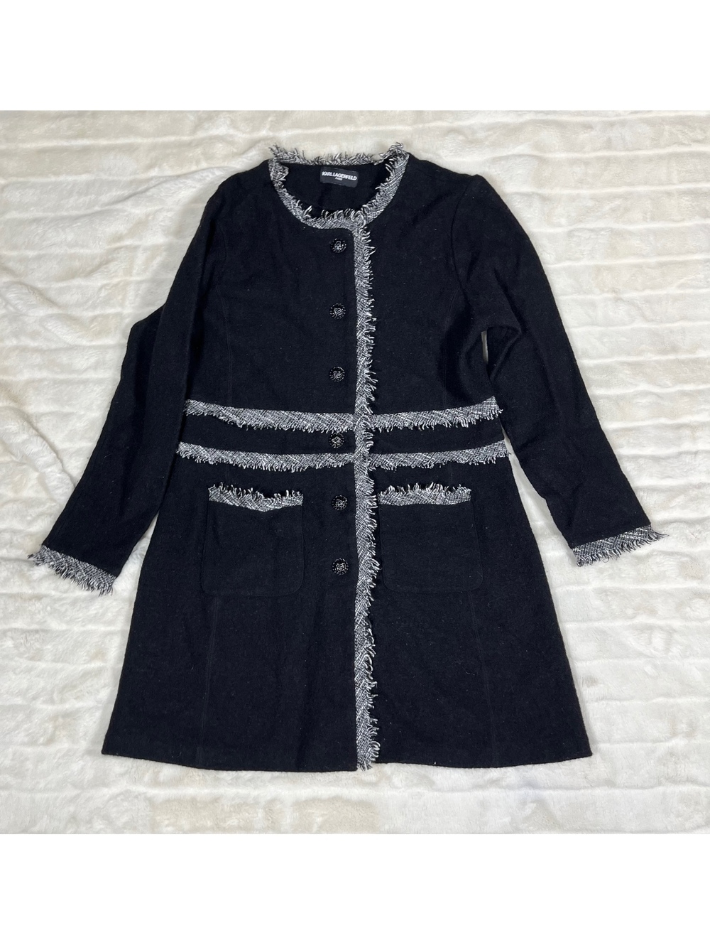 Karl Lagerfeld Paris M Black White Frayed Tweed Cardigan Coatigan Button Dress